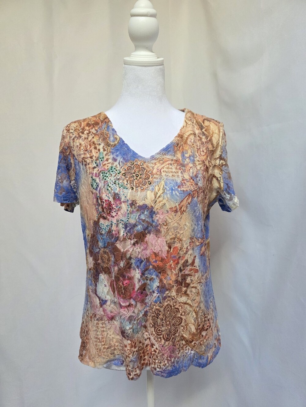 7 Wonders Floral Lace Mesh Embellished Top Boho Y2K Multicolor PXL